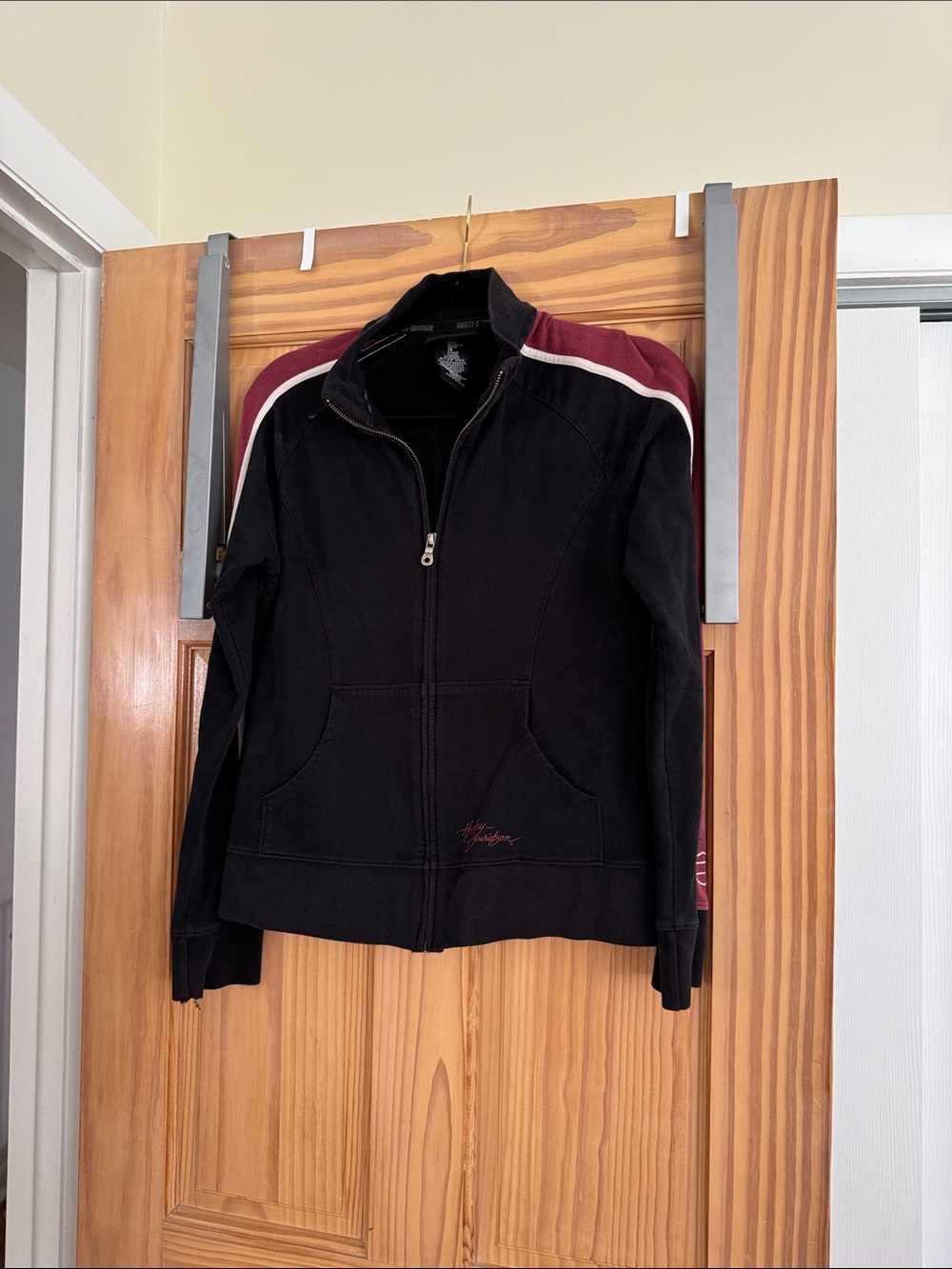 Black Harley Davidson Zip-Up Jacket with Burgundy & White Accents